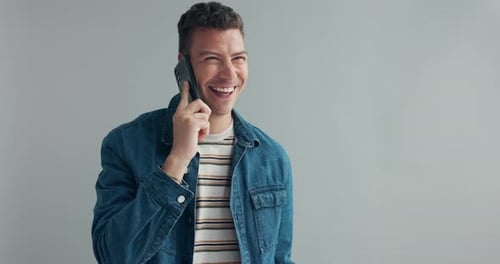 Phone call, mockup and happy man in studio speaking, listening or web communication on grey