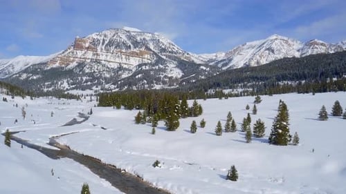 Snowy Mountain Landscape with River Aerial View