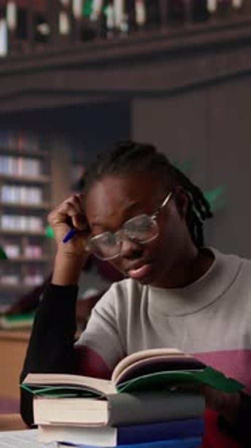 Vídeo vertical: Estudiante agotada que se duerme mientras lee para los exámenes periódicos