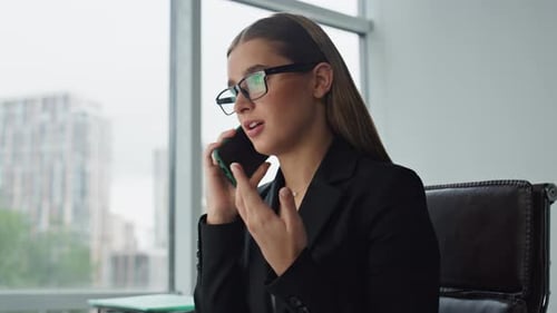 Office Manager Complaining Phone Closeup. Upset Woman Executive Talk Cellphone. Nervous Corporate