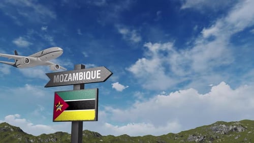 Airplane Flies Over Mozambique Destination Sign with Flag