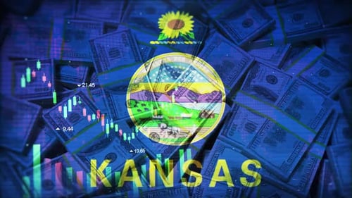 Kansas Flag On Economic Background With Decrease Bar Chart Graph And Arrow