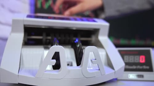 Fifty euro banknotes counting in bank.