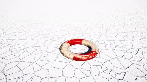 Lifebuoy on Dry Cracked Earth Survival Concept