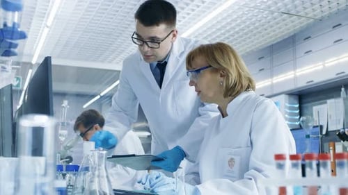 Scientists Working Together in Brightly Lit Laboratory