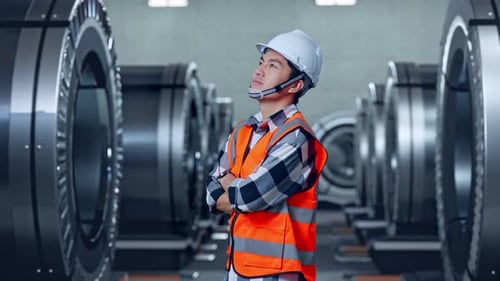 Side View Of Asian Male Engineer Crossing His Arms In Metal Factory