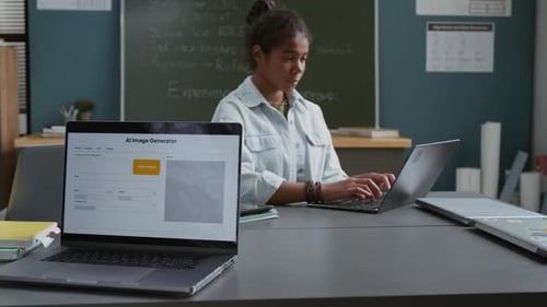 Portrait of Happy Black Girl Working with AI Generative Software at Lesson