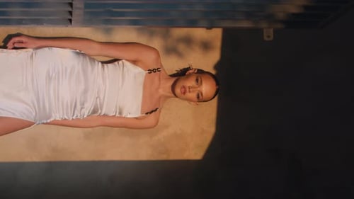 Serene Girl Enjoying Sunlight Standing Castle Entrance Sensual Lady Vertically