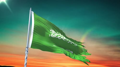 Realistic Waving Saudi Arabia Flag Animation against Sunset Sky