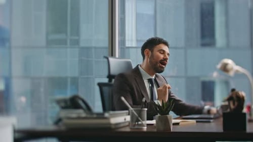 Office Worker Have Zoom Meeting Using Laptop Sitting Office Video Conference