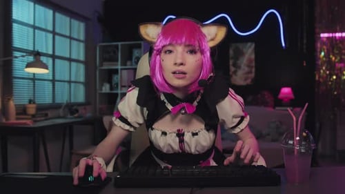Cosplayer Playing Video Game On Computer