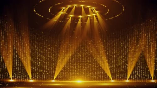 Golden Stage Background with Animated Spotlights and Glittering Particles