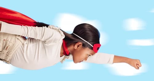 Girl Flying as Superhero in Blue Sky