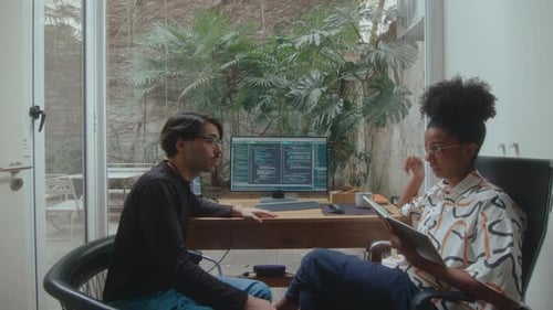 Two Computer Programmers Discussing IT Project in Home Office