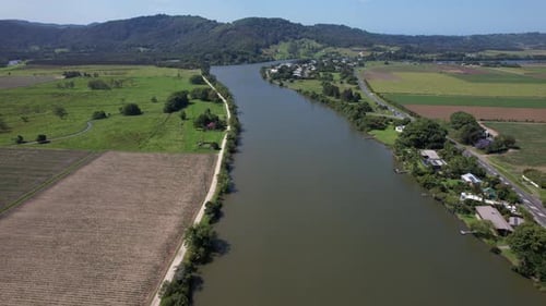 Tweed River And Green Fields In New South Wales, Australia - Drone Shot
