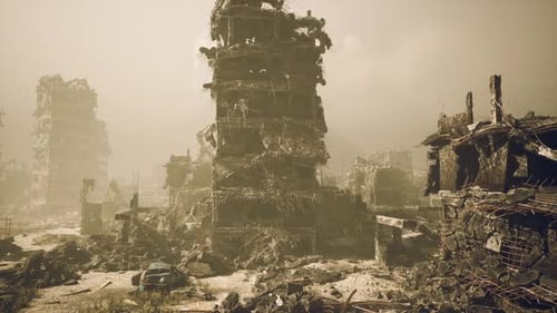 Devastation in the City Following Military Action Impacting Buildings and Lives