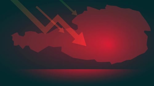 map austria with red arrows down, economic crisis austria animation 4k