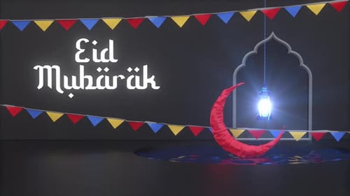 Festive Eid Mubarak Celebration Title with Moon and Lantern