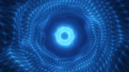 A glowing blue vortex with geometric wireframe patterns toward the center
