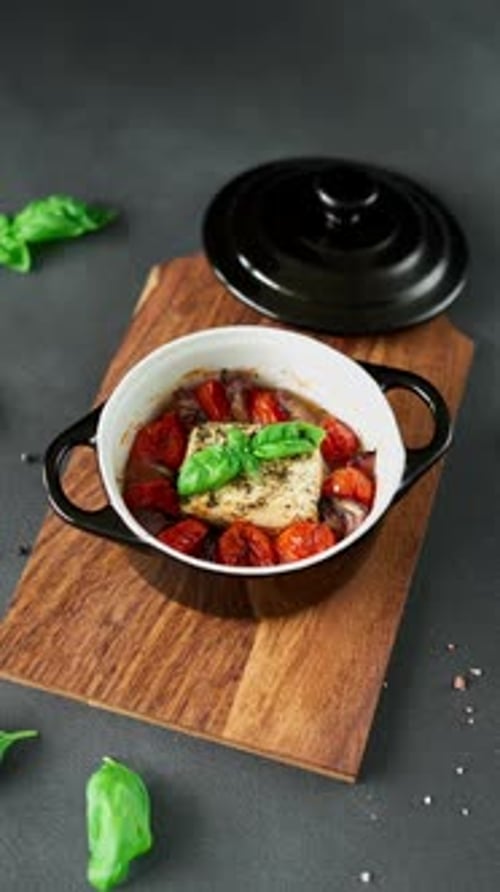 Feta cheese, Onions, cherry Tomatoes and Basil Baked in olive oil with spices on a black background