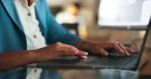 Research, laptop and hands of business woman and typing for planning, web design