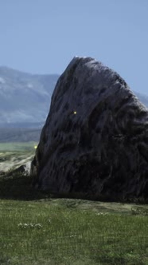 Isolated Stone on Meadow in Mountains