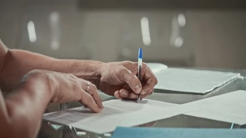 A Male Worker Fills Out an Application Form for Employment at an Enterprise A Female Manager Helps a