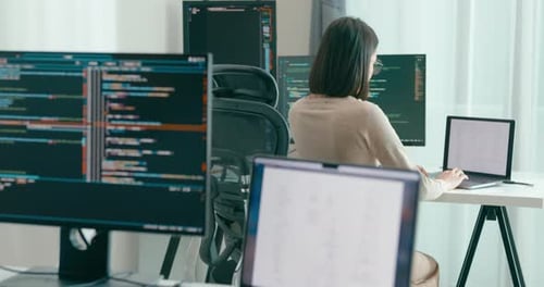 Adult Asia male, female freelance typing write prompt AI bot IT app smart program nomad.