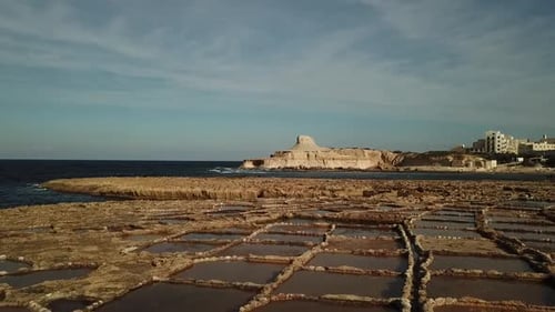 Aerial view of the salt pans at Xwejni bay, Gozo, Malta.