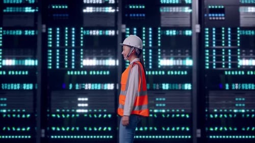 Asian Female Walking in Data Center