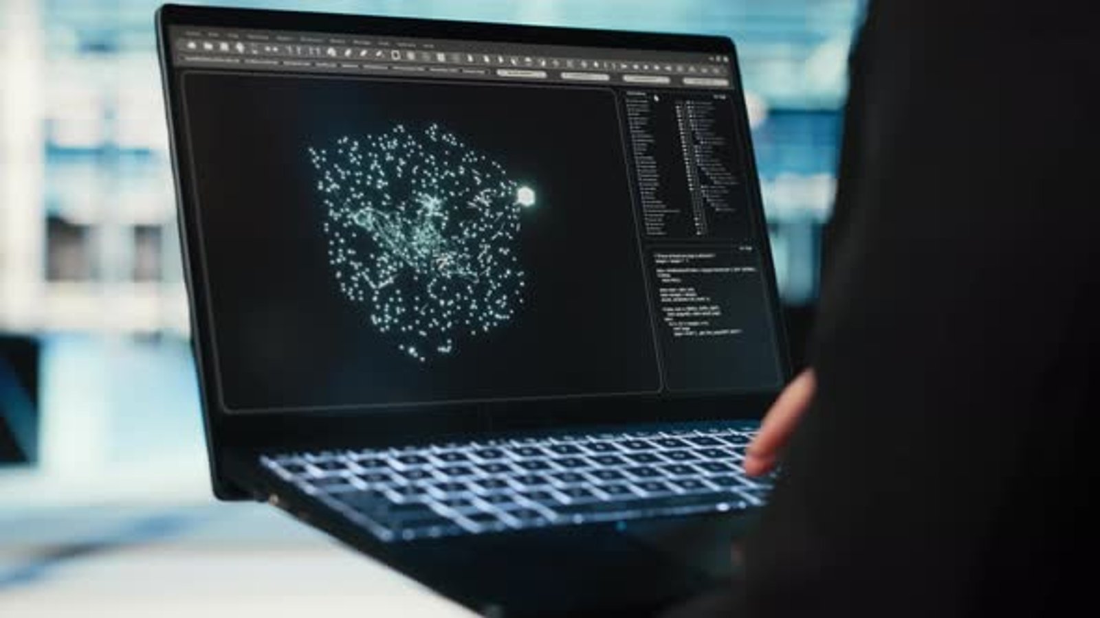 Programadora feminina de data center usando o modelo AI LLM em laptop ...