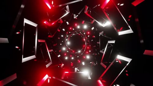 Seamless tunnel of abstract rectangles with flickering red and white lights 3d render. Audio