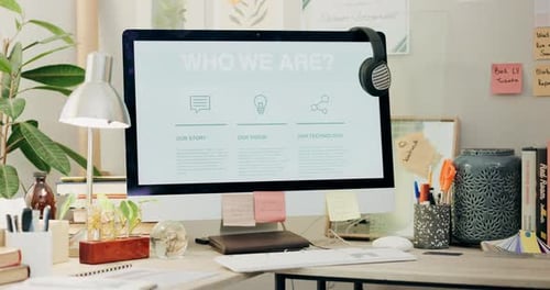 Office, computer screen and website about us, information on crm business for virtual assistant