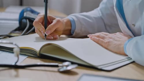 Doctor Writing in Notepad in a Bright Office