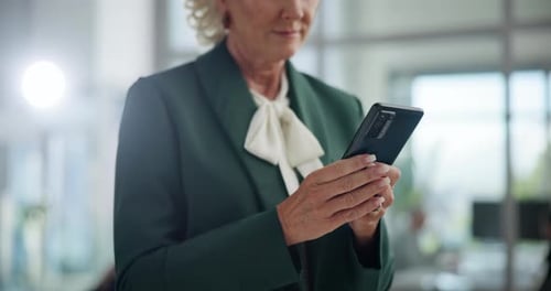 Happy woman, hands or typing with phone for business communication, chatting or texting at office