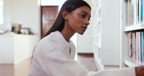 Choice, studying and library with woman in college for books, education or learning