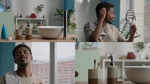Man Sprays Cologne in Bathroom Four-Quadrant Split Screen