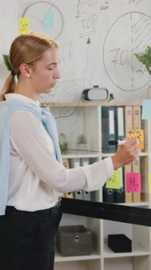 Caucasian Young Business Woman Leader Presenting Project Strategy Showing Ideas on Glass Board Using