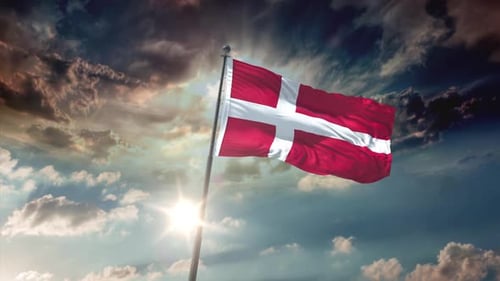 Realistic Denmark Flag Waving in Dramatic Cloudy Sky