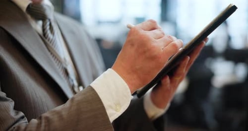 Hands, businessman and tablet with pen for scrolling app in office for communication or networking