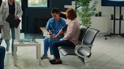 Healthcare Worker Takes Patient's Blood Pressure at Hospital