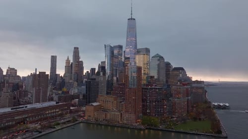 Lower Manhattan Cityscape From Above One World Trade Center Illuminating Twilight Skyline Revealing