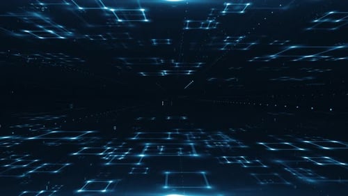 Mur de code bleu abstrait, technologie d'entreprise, tunnel de particules, boucle d'arrière-plan numérique