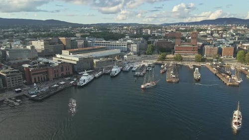 Tilt up shot of the marina of Pipervika in Oslo Norway