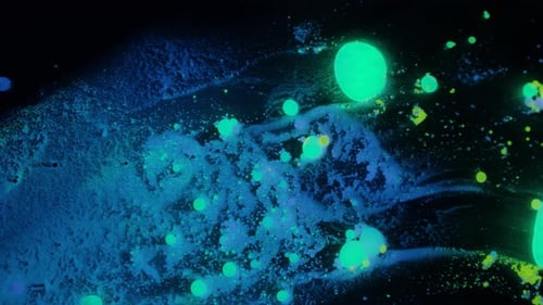 Nephos Collection: Abstract neon green and blue blobs glide sideways from left to right on dark back