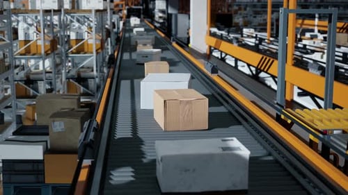 Loop Transmitting Of Packaging Box On The Conveyor Belt, 3D Rendering