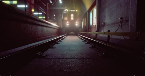 Dark Subway Train Approaching in Gritty Underground Tunnel