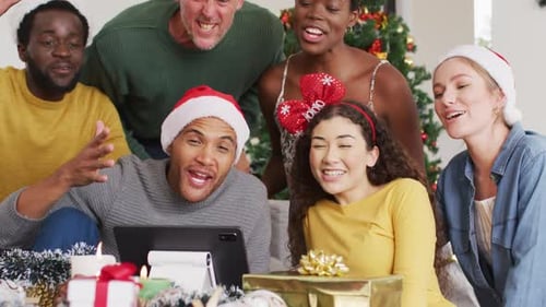 Friends Celebrate Christmas with Tablet Video Call