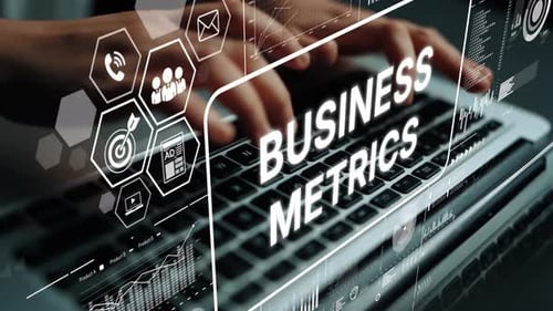 Tableau de bord d'analyse commerciale avec mesures affichées sur le clavier d'un ordinateur portable dans un environnement de bureau moderne
