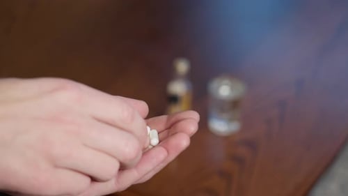 Man in pain holding handful of pills in front of blurred background with alcohol, close up